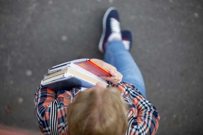 Student lady with a heap of textbooks and notebooks