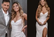 Verónica Bianchi deslumbra en gala del fútbol con un elegante vestido blanco.