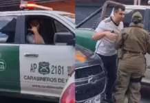 Un carabinero ebrio intenta subir a su patrulla tras la celebración de Colo Colo.